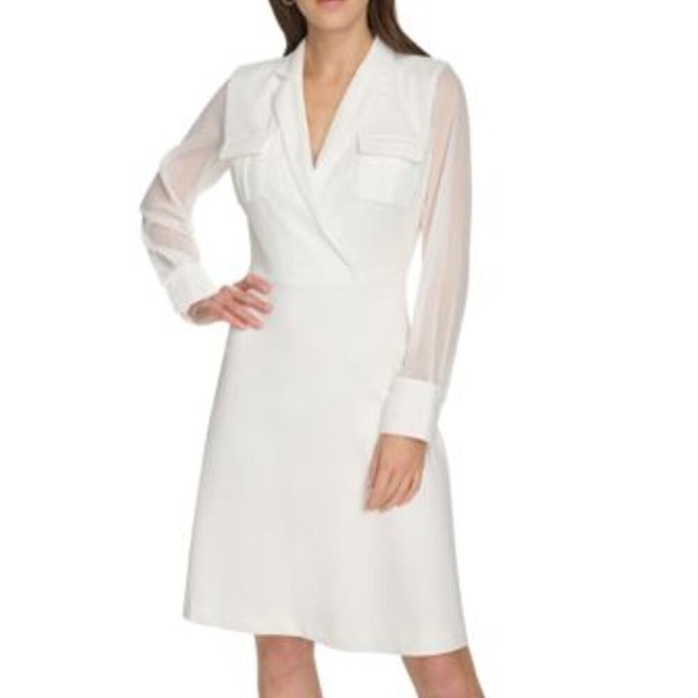 Calvin Klein V Neck Sheer Long Sleeve A Line Knee Length Dress White 8